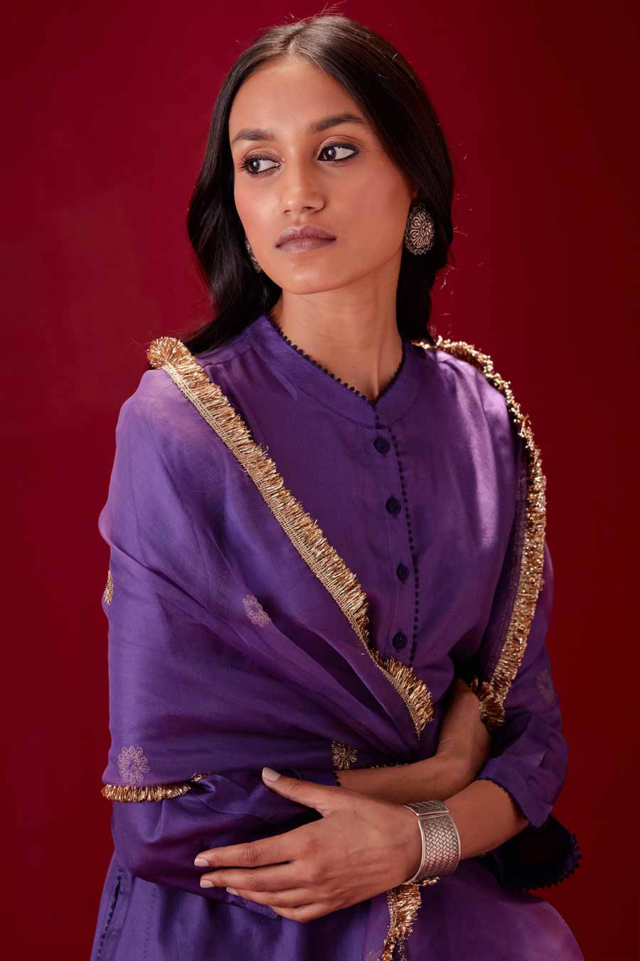 Grape Silk Organza Embroidered Dupatta