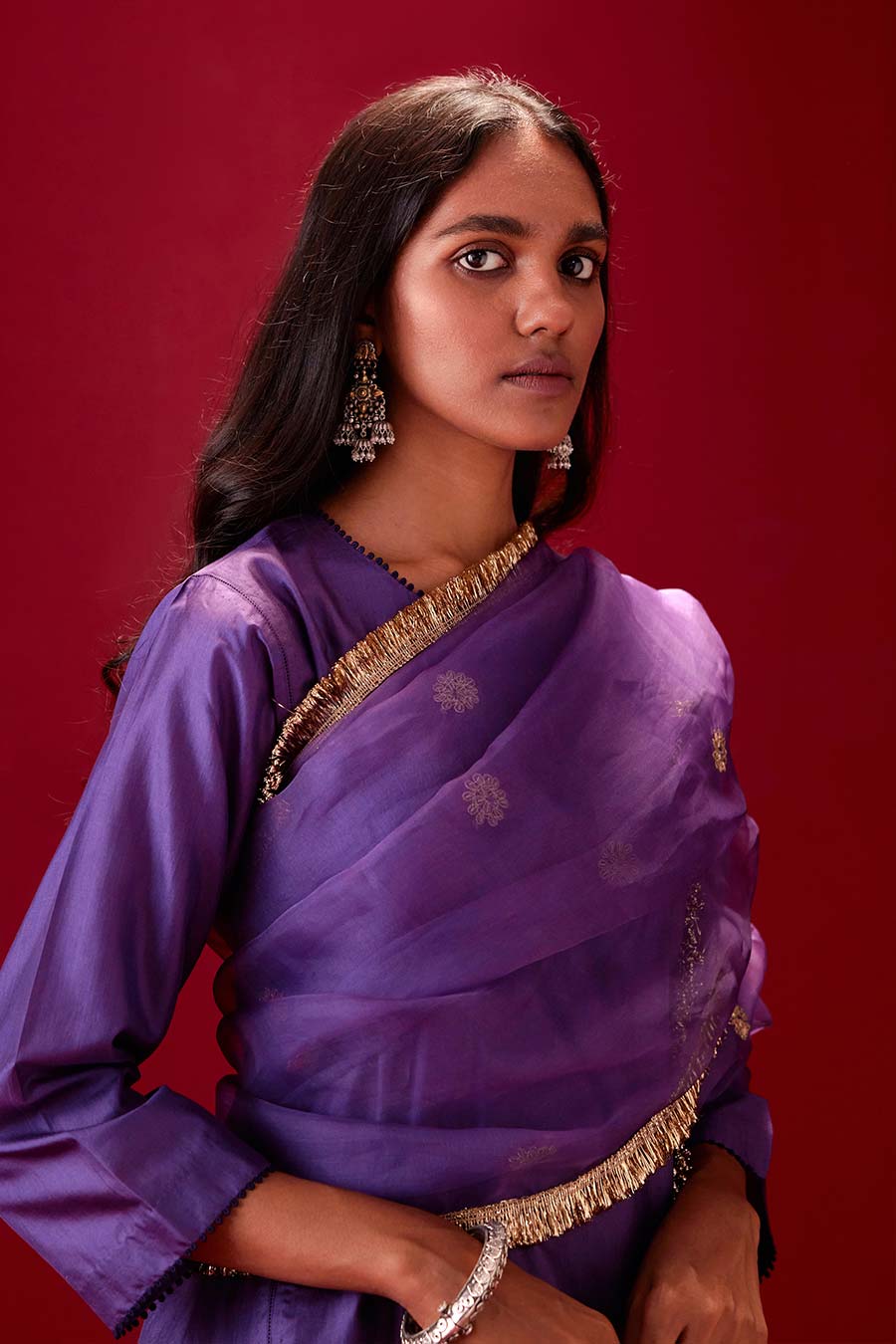 Grape Silk Organza Embroidered Dupatta