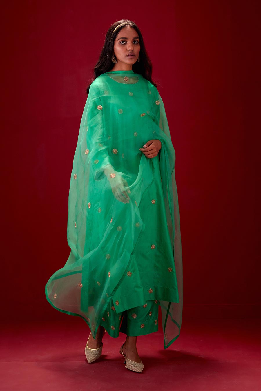 Emerald Green Silk Organza Embroidered Dupatta