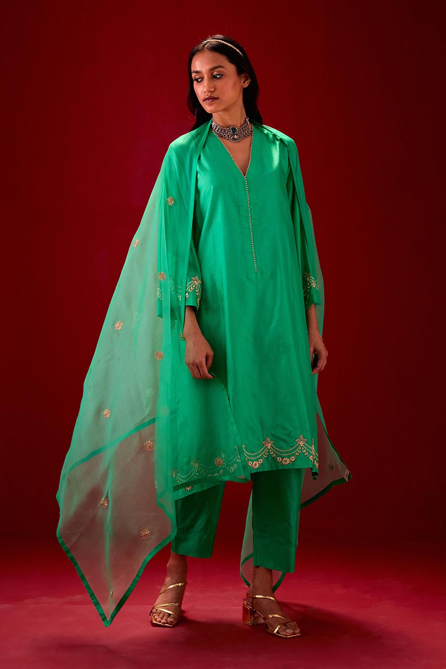 Emerald Green Silk Organza Embroidered Dupatta