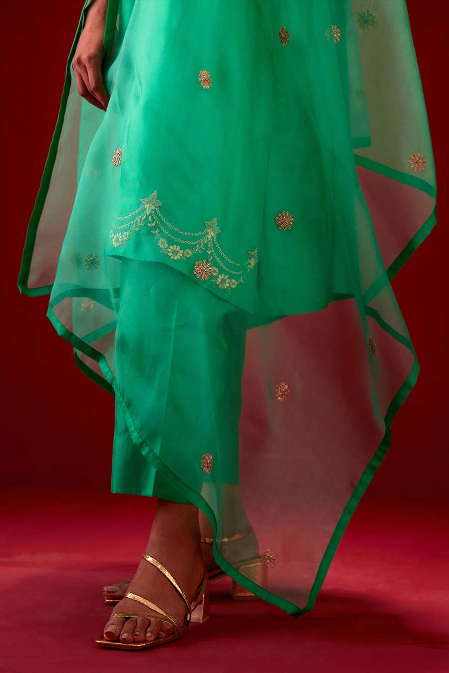 Emerald Green Silk Organza Embroidered Dupatta