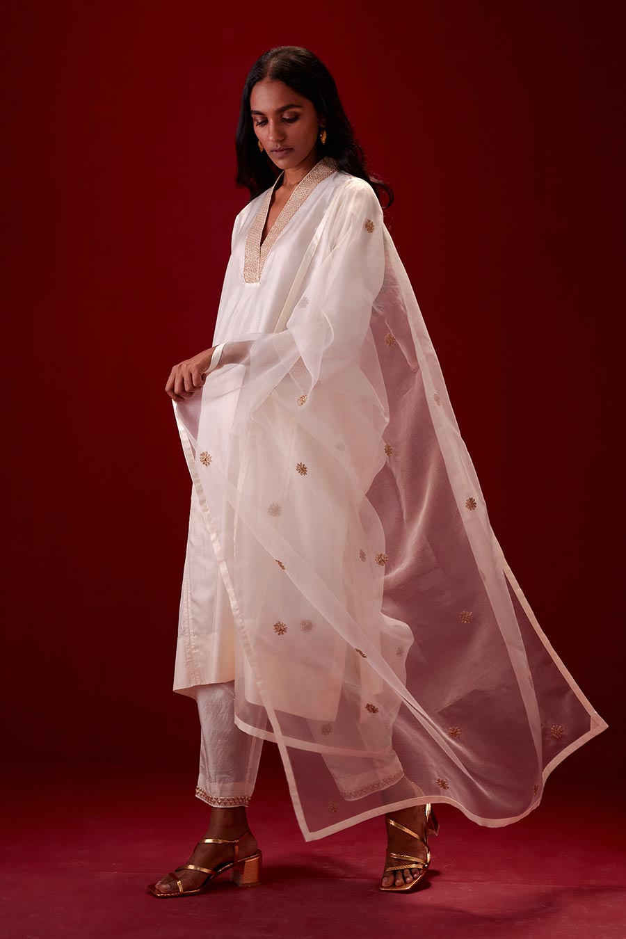 Ivory Silk Organza Embroidered Dupatta
