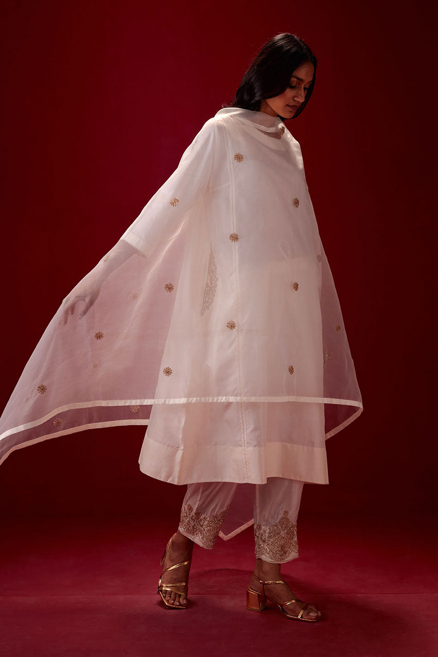 Ivory Silk Organza Embroidered Dupatta