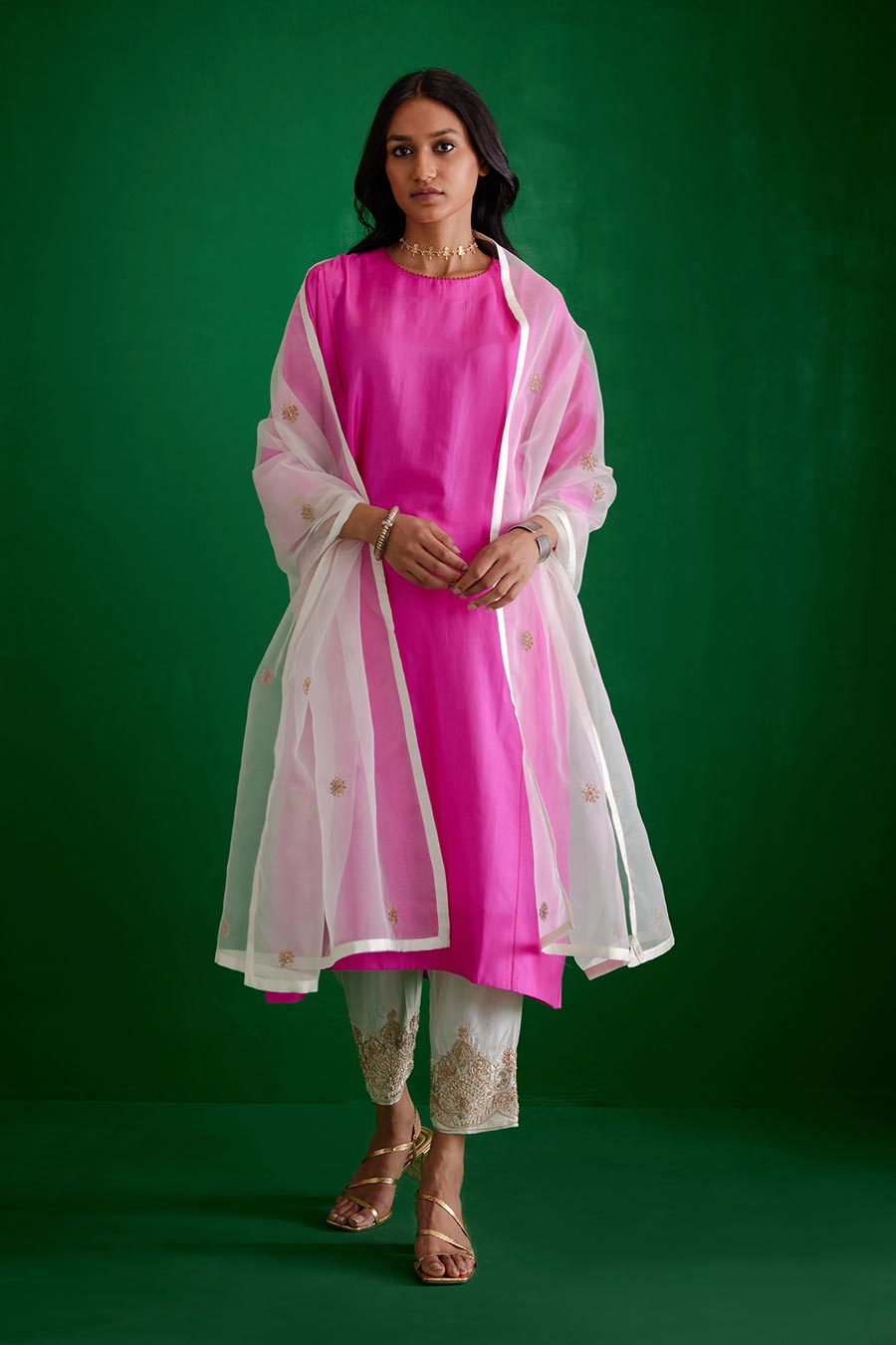 Ivory Silk Organza Embroidered Dupatta