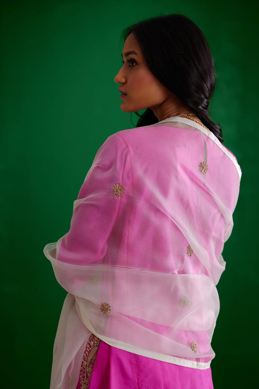 Ivory Silk Organza Embroidered Dupatta