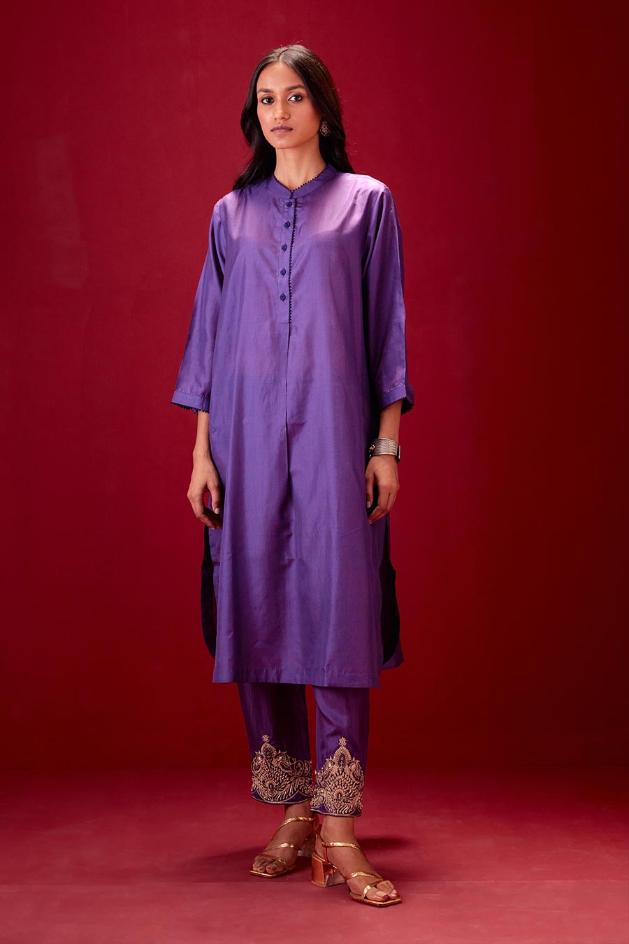 Grape Silk Embroidered Kurta & Pant Set