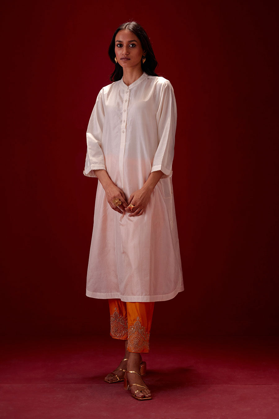 Ivory Silk Embroidered Kurta & Pant Set