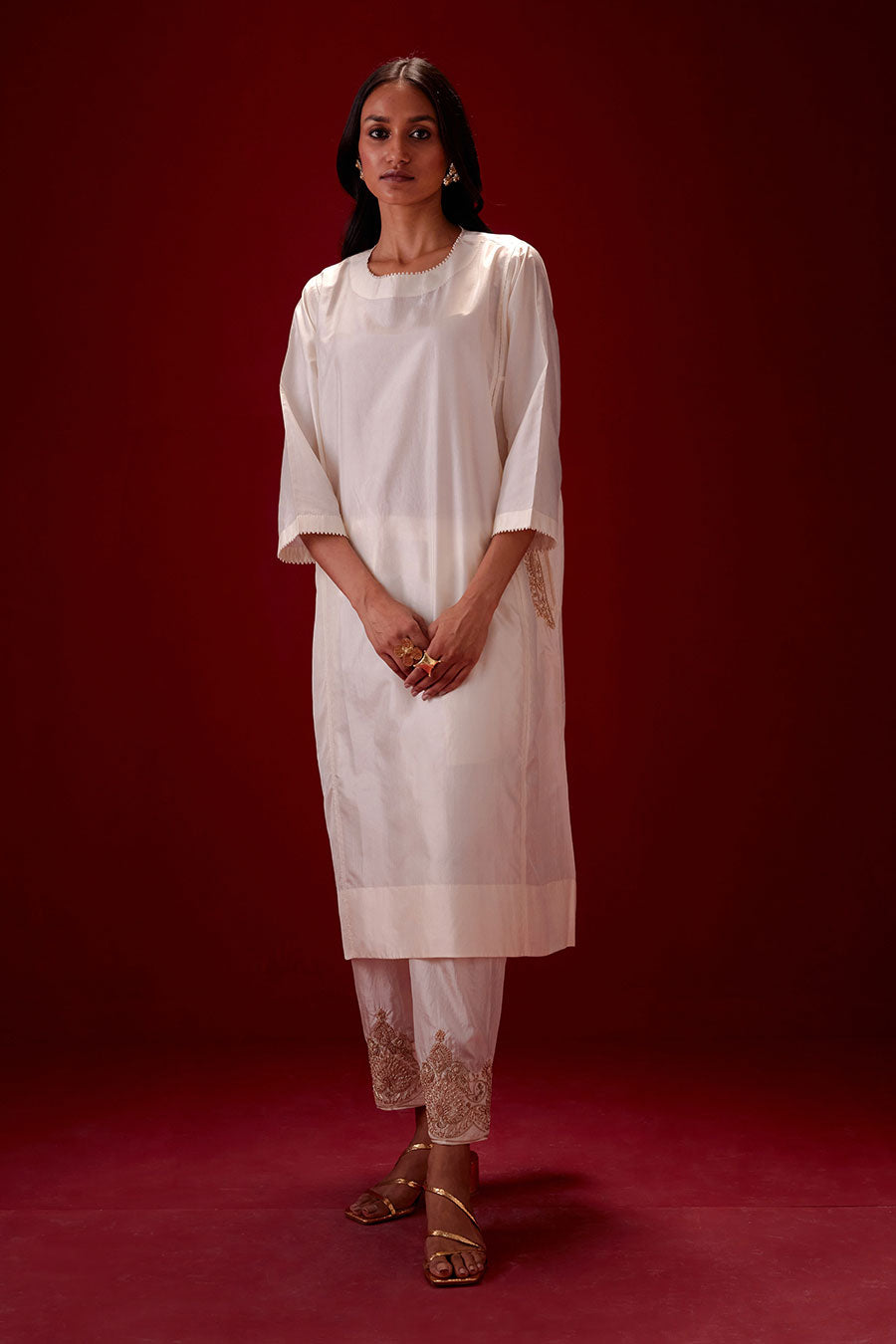 Ivory Silk Embroidered Kurta & Pant Set