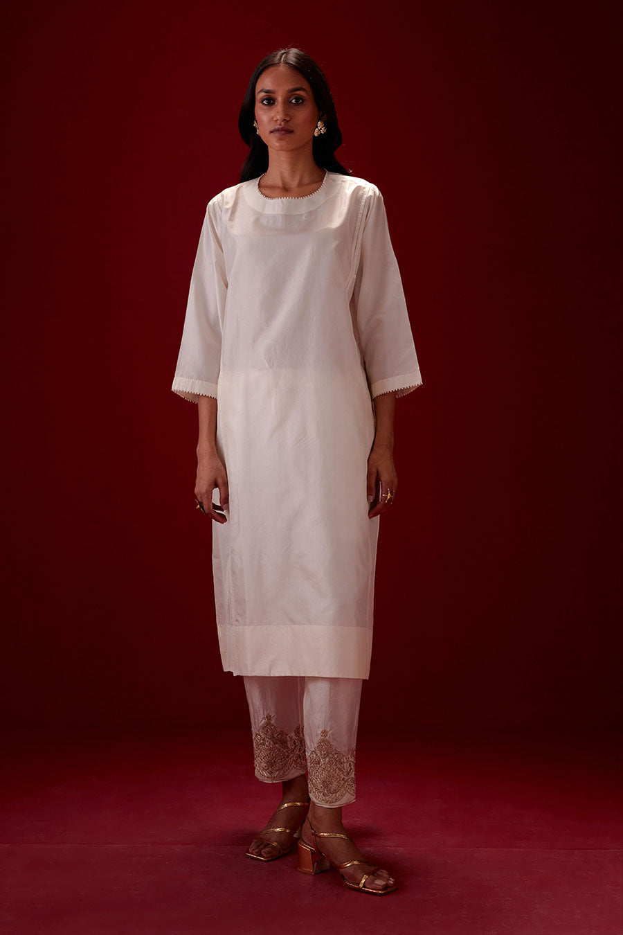 Ivory Silk Embroidered Kurta & Pant Set