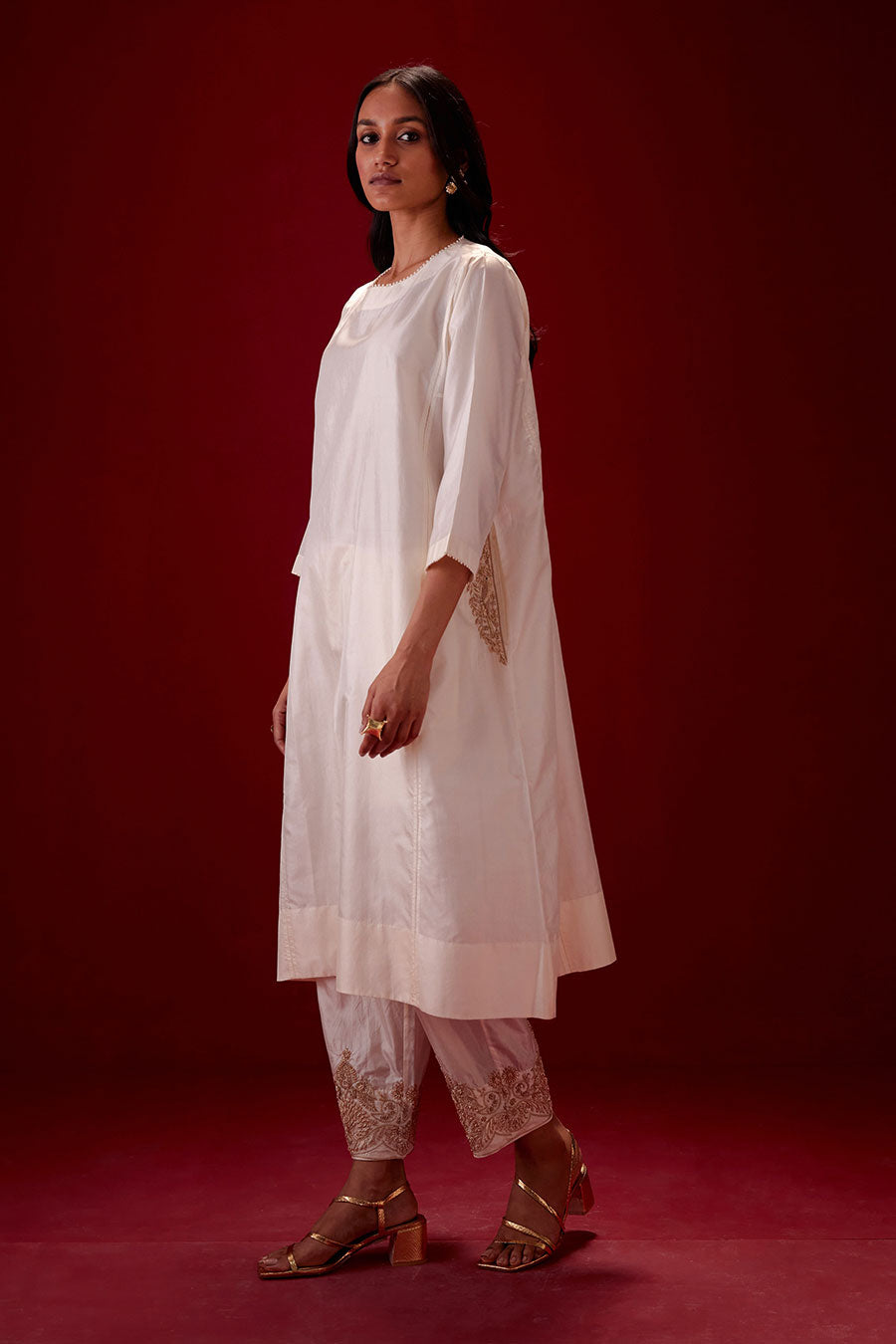 Ivory Silk Embroidered Kurta & Pant Set