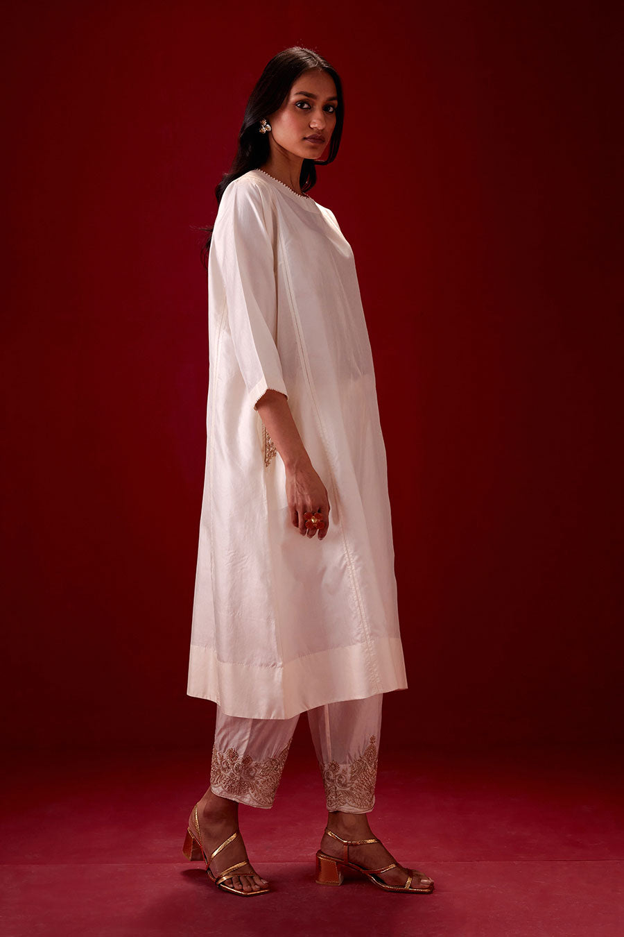 Ivory Silk Embroidered Kurta & Pant Set