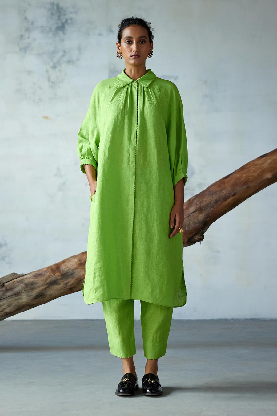 Green Linen Kurta Set