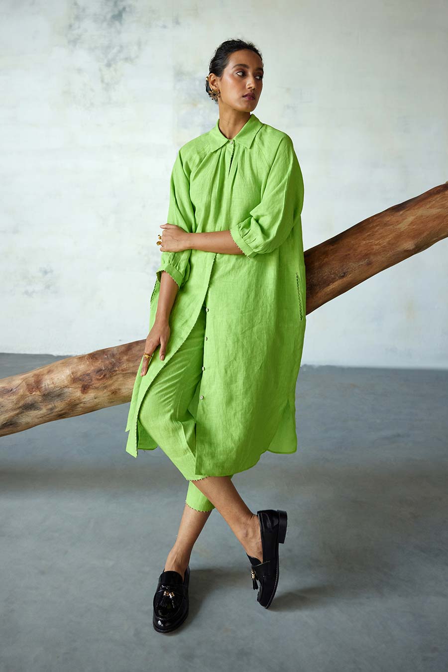 Green Linen Kurta Set
