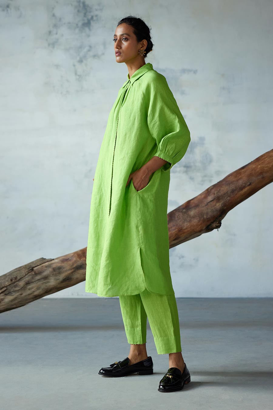 Green Linen Kurta Set