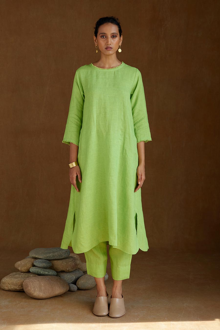Green Linen Kurta Set