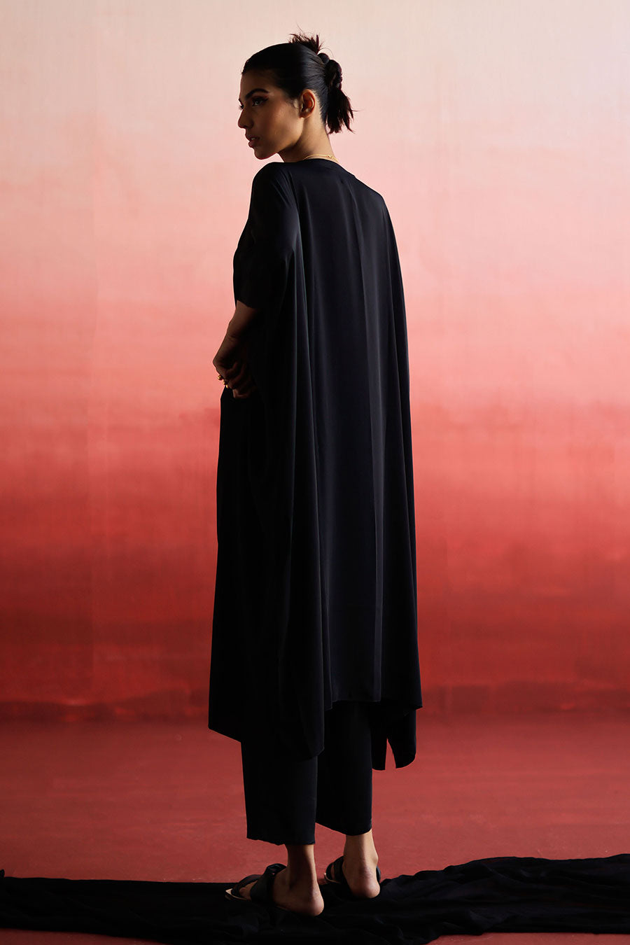 Black Embroidered Long Kaftan & Pant Set