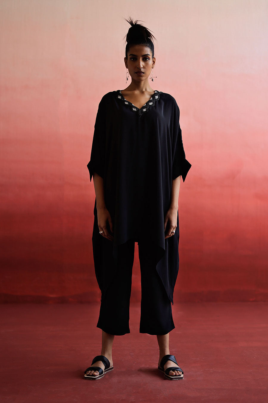 Black Embroidered Short Kaftan & Pant Set
