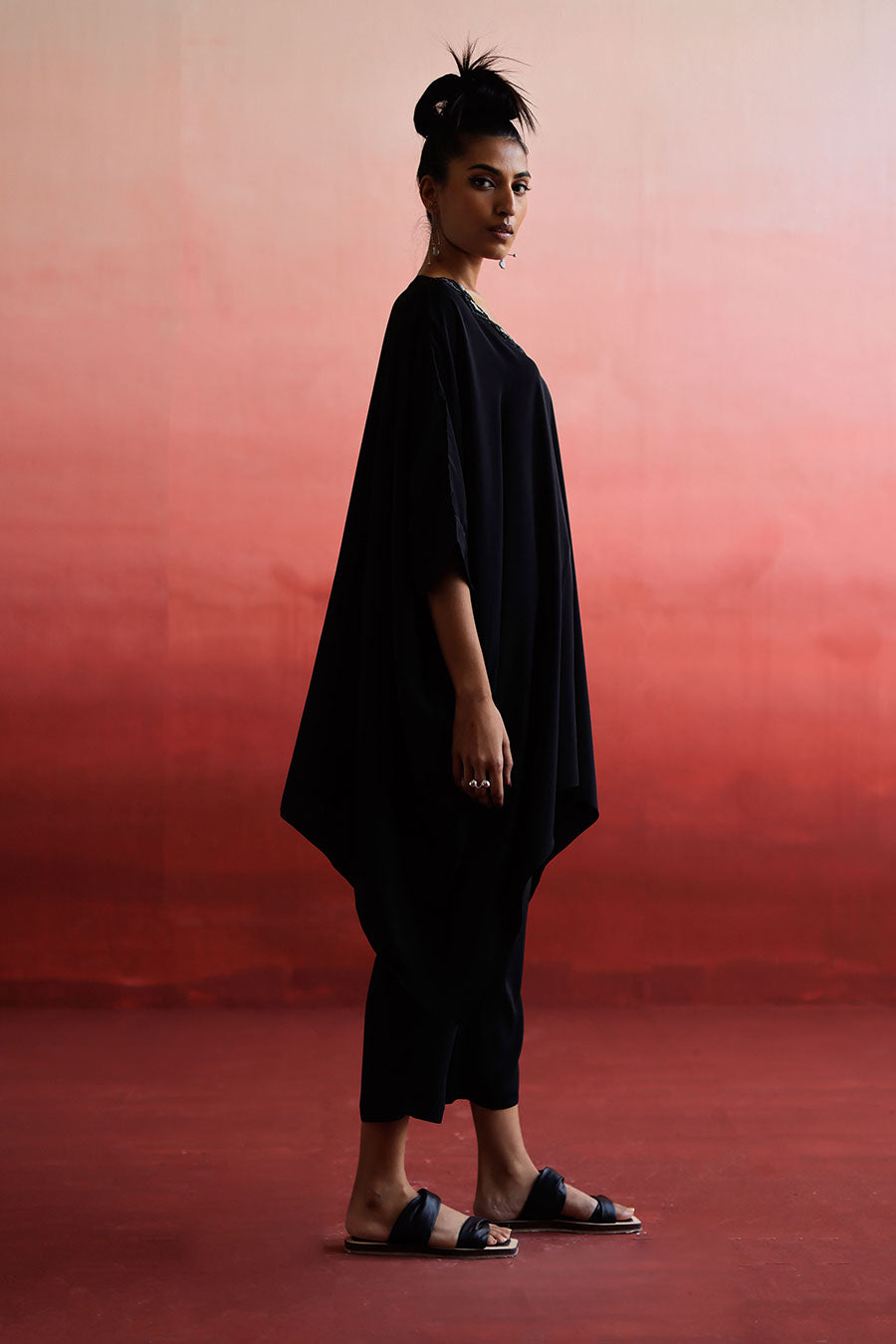 Black Embroidered Short Kaftan & Pant Set