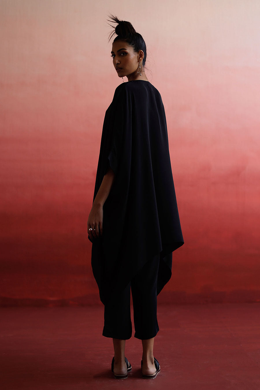 Black Embroidered Short Kaftan & Pant Set