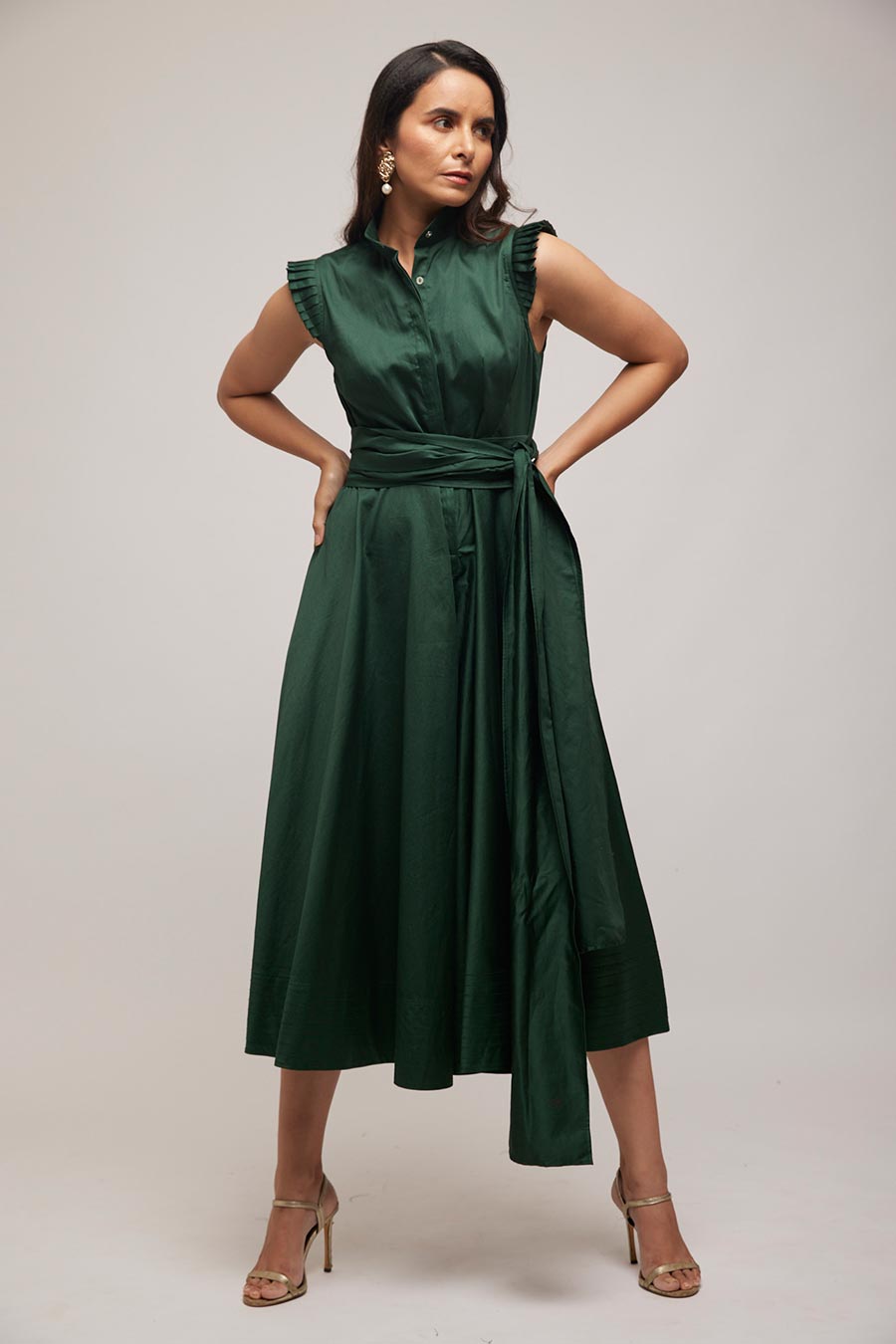 Green Flared Culotte Jumpsuit with Belt