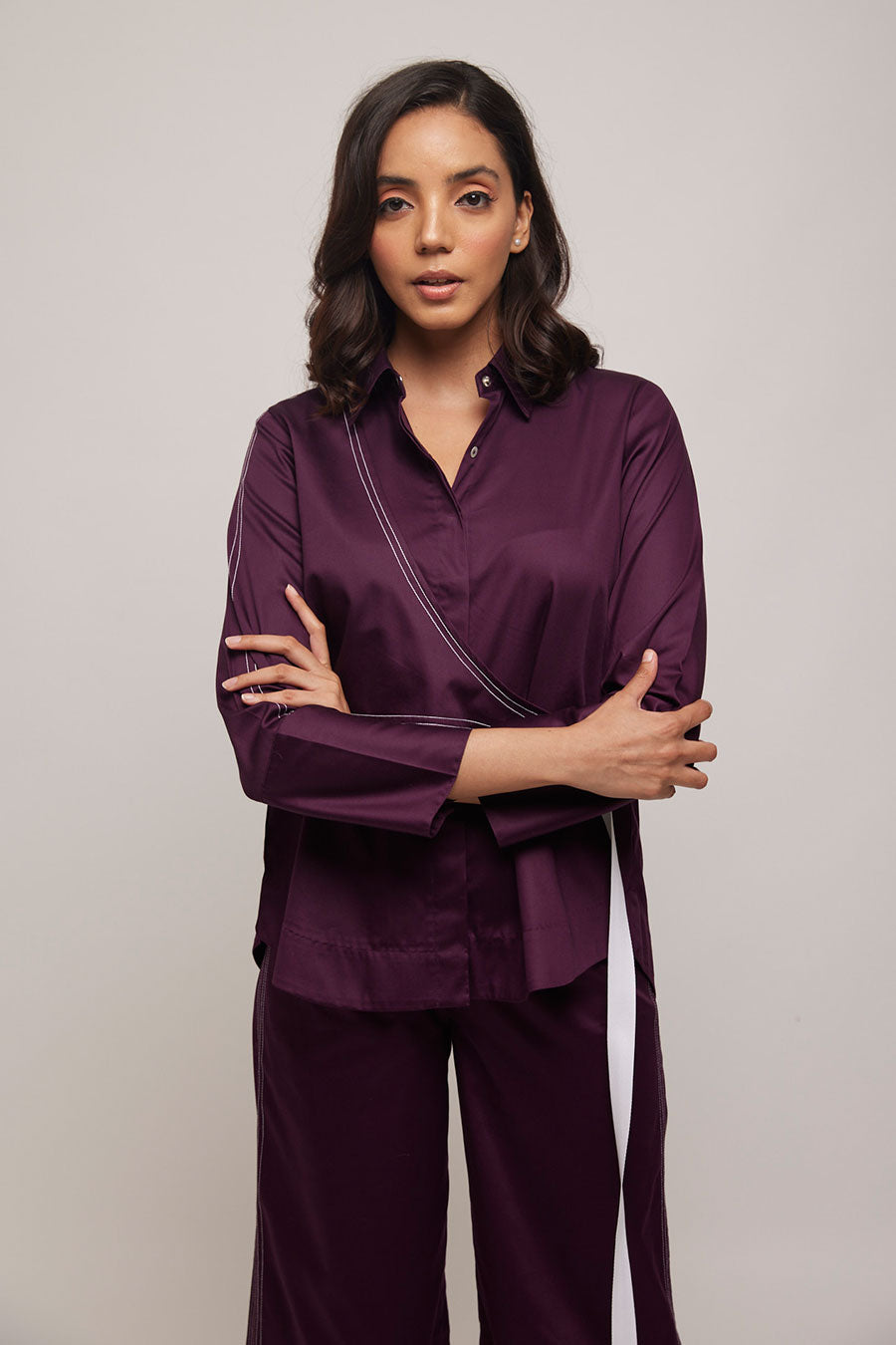 Purple Kantha Stitch Tie-Up Jacket Shirt