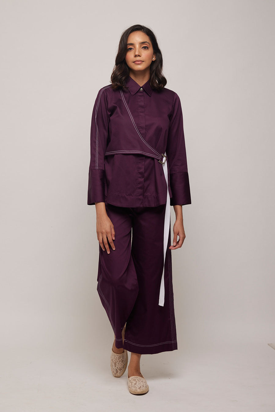 Purple Kantha Stitch Tie-Up Jacket Shirt