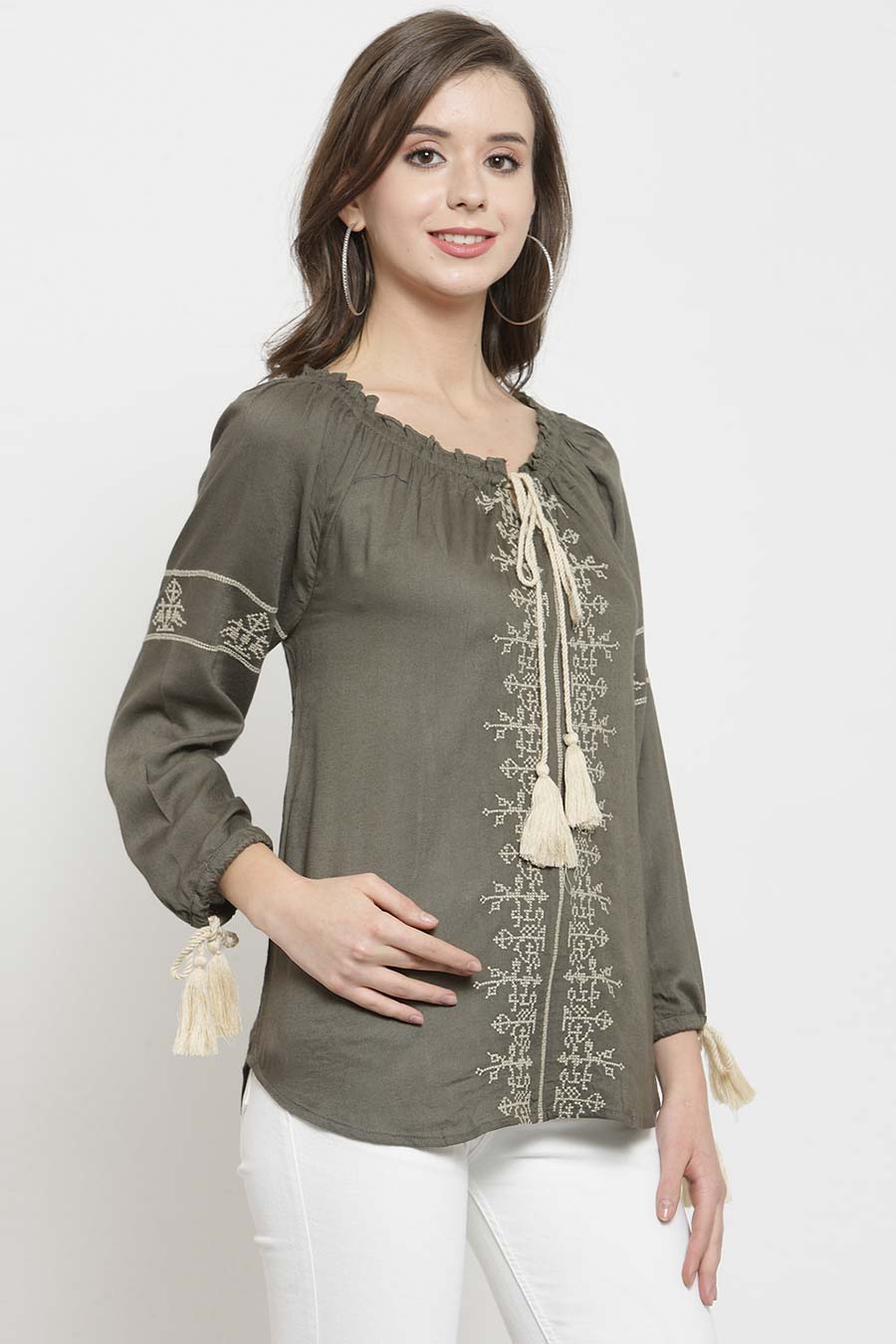 Olive Cotton Embroidered Top