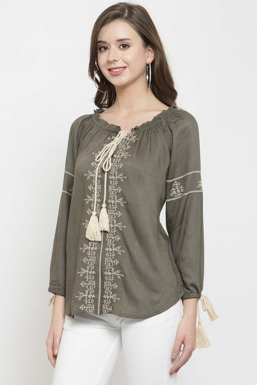 Olive Cotton Embroidered Top