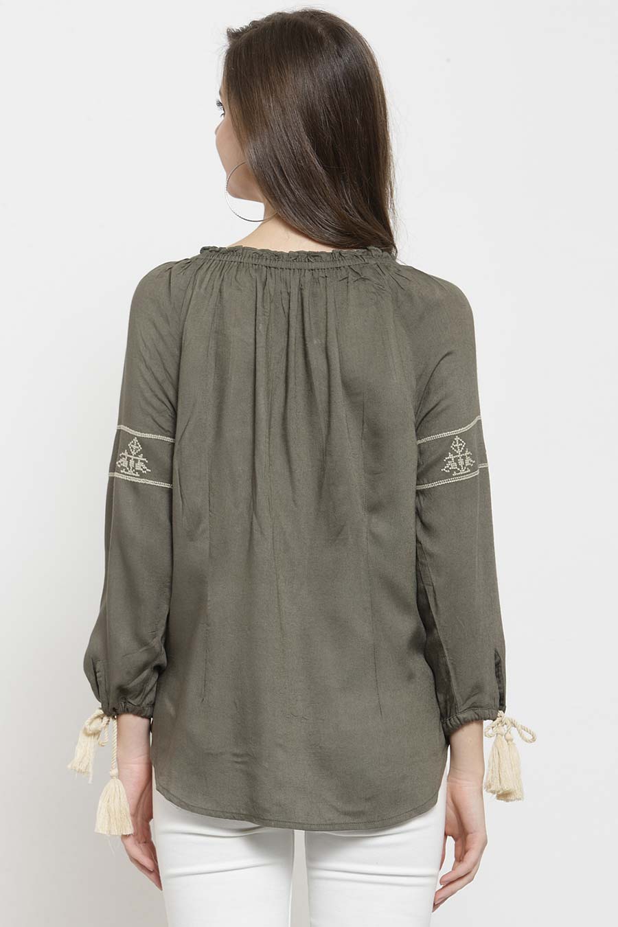 Olive Cotton Embroidered Top