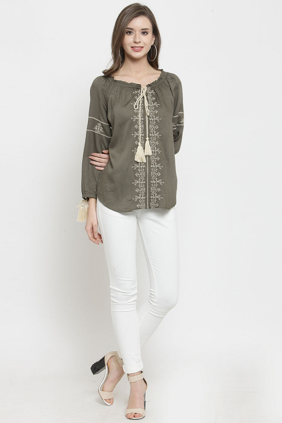 Olive Cotton Embroidered Top