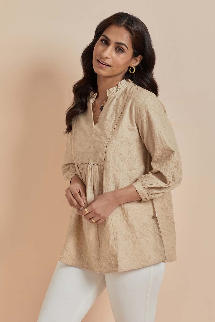 Beige Cotton Embroidered Top