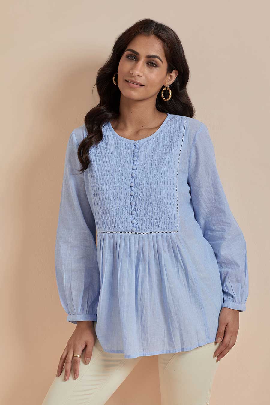 Blue Cotton Smocked Top