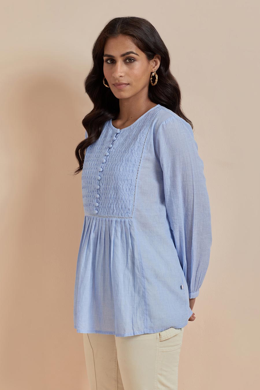 Blue Cotton Smocked Top
