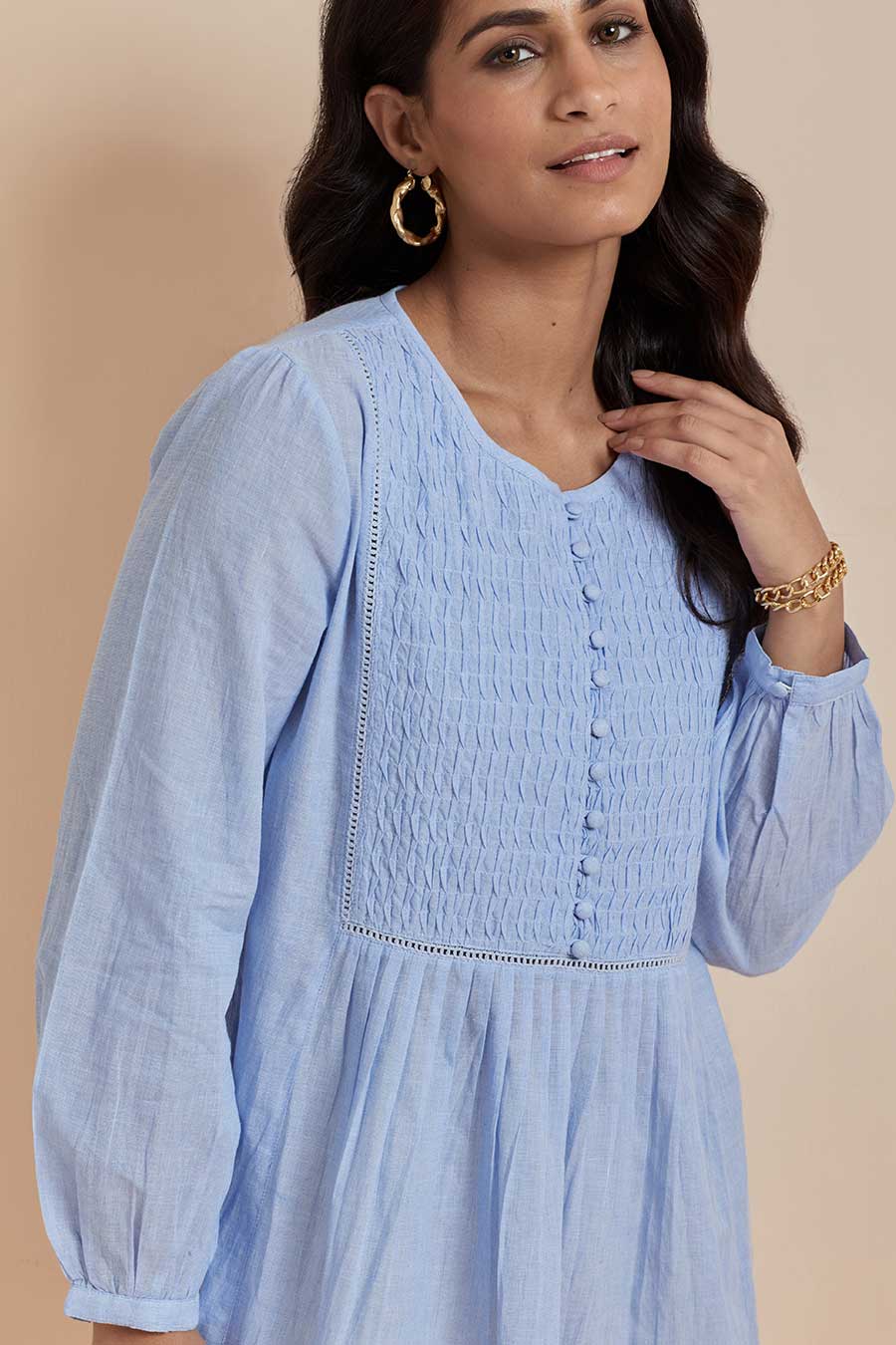 Blue Cotton Smocked Top