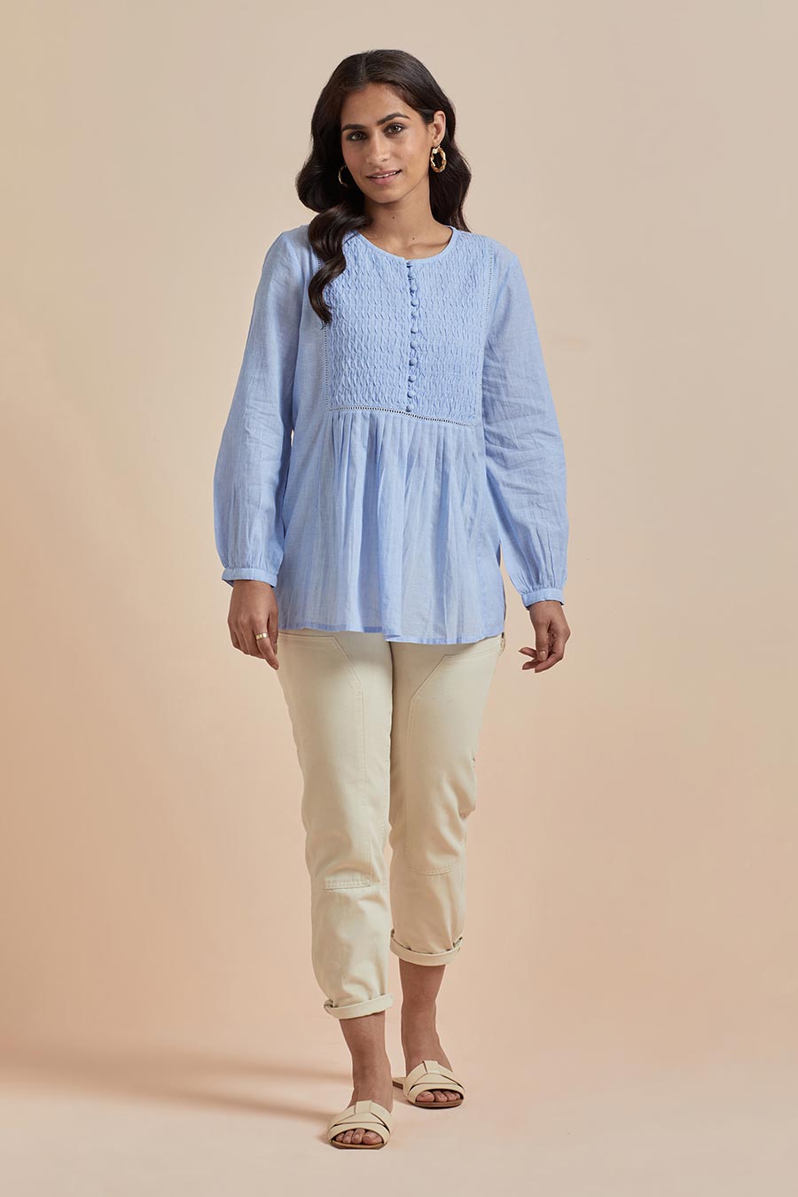 Blue Cotton Smocked Top