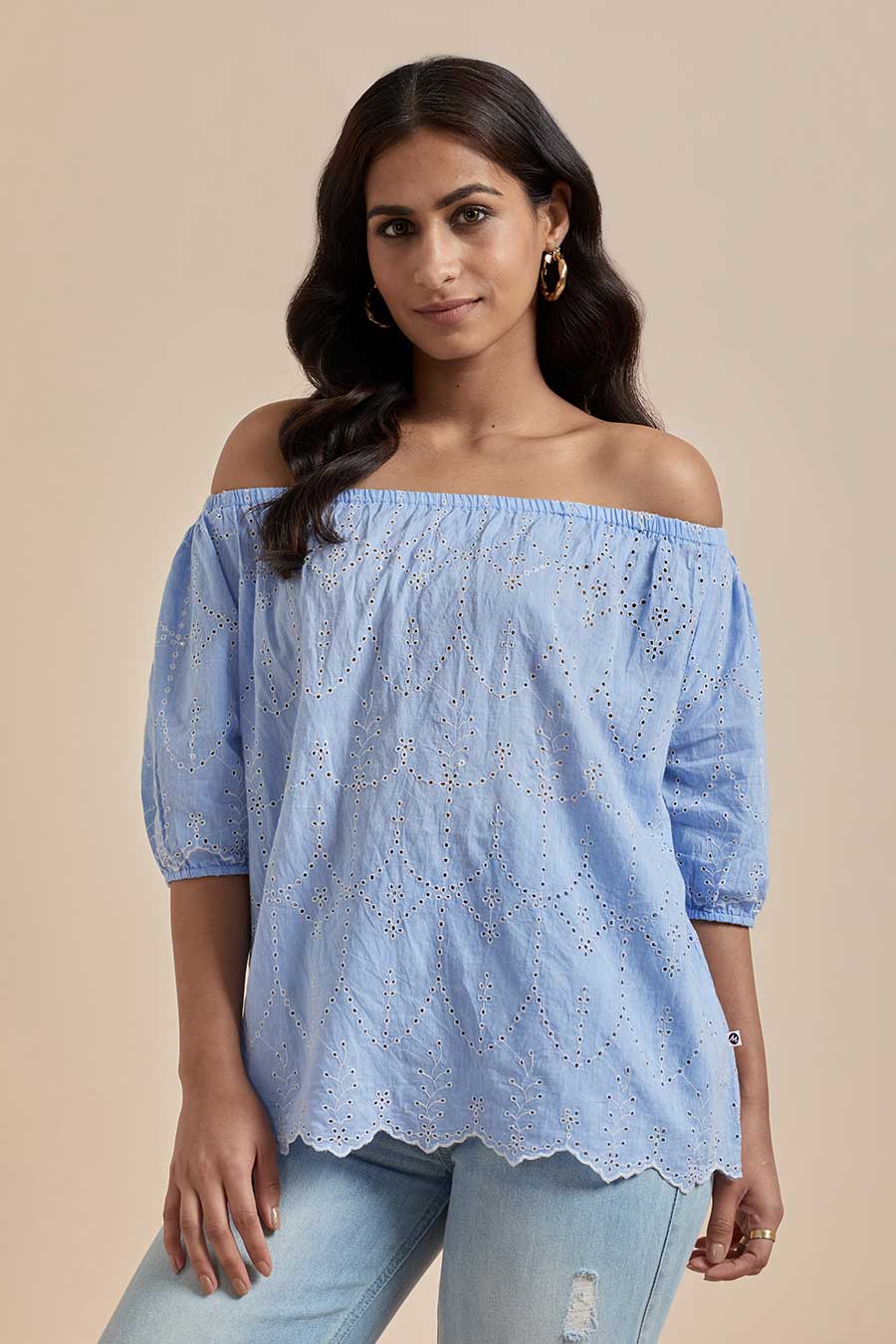 Blue Cotton Off-Shoulder Top