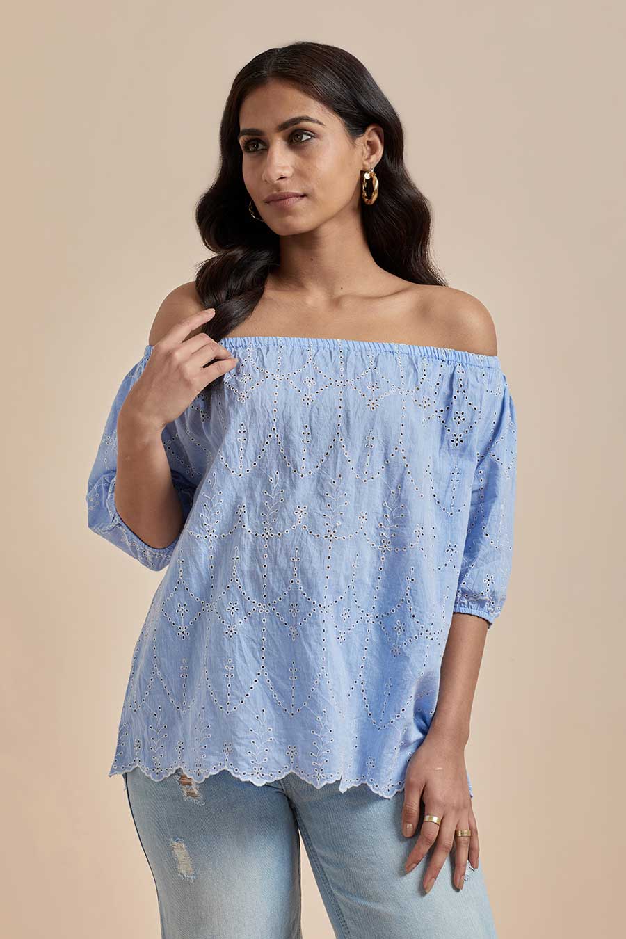 Blue Cotton Off-Shoulder Top