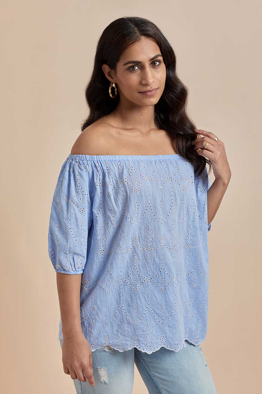 Blue Cotton Off-Shoulder Top