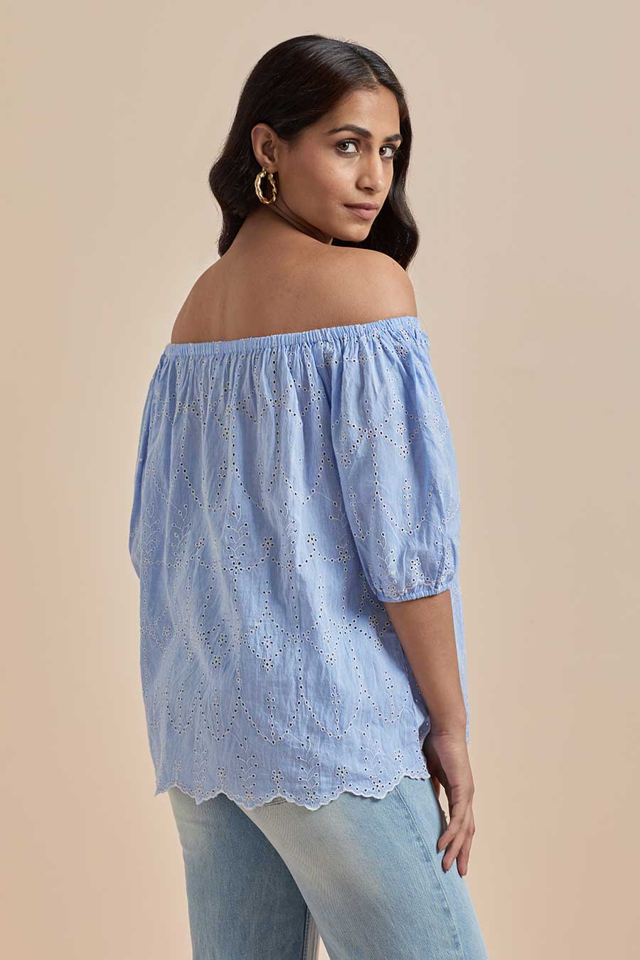 Blue Cotton Off-Shoulder Top