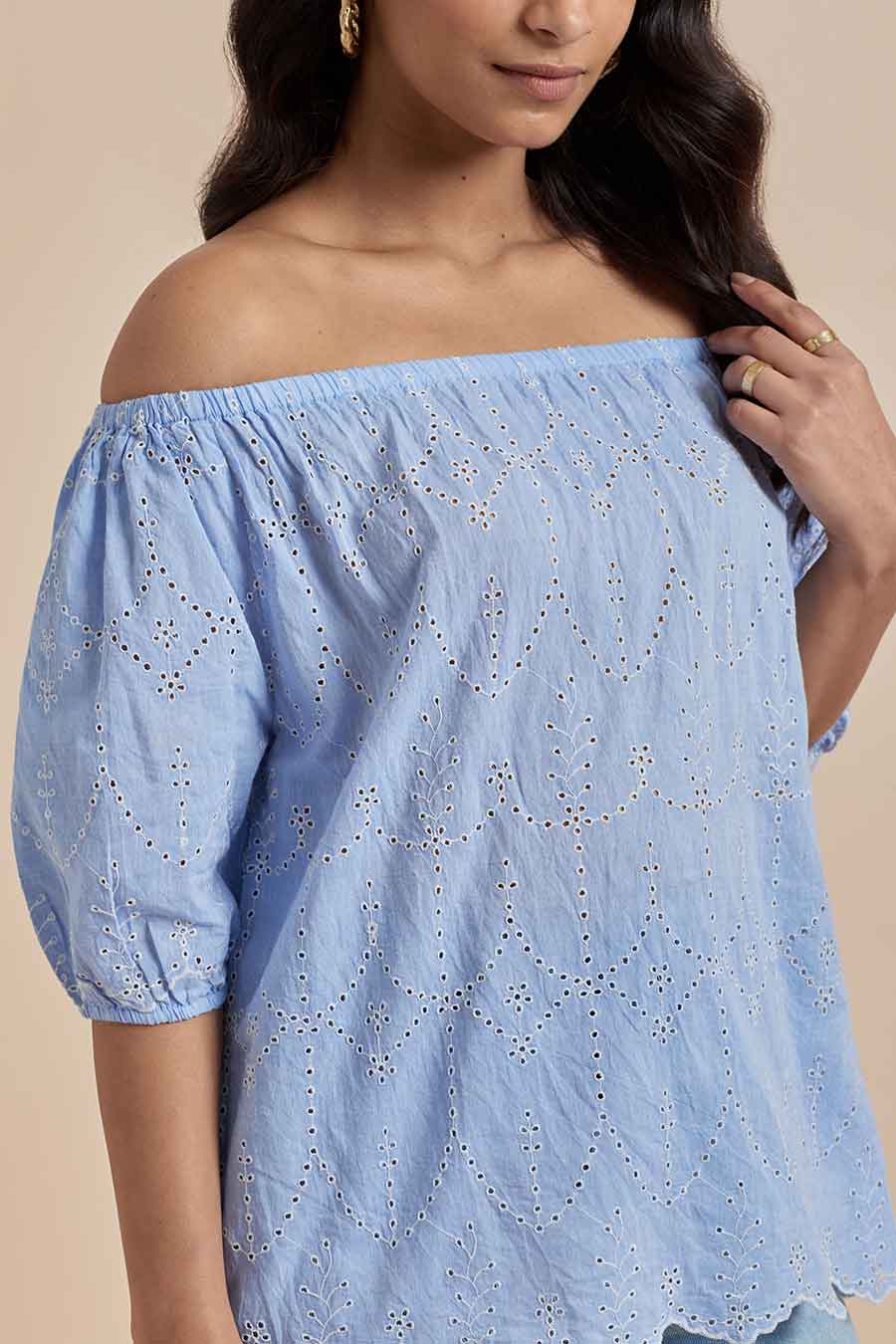 Blue Cotton Off-Shoulder Top