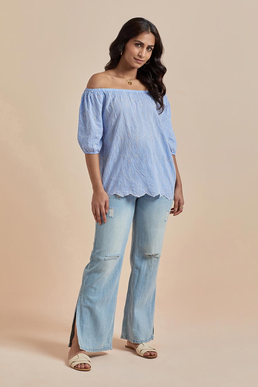 Blue Cotton Off-Shoulder Top