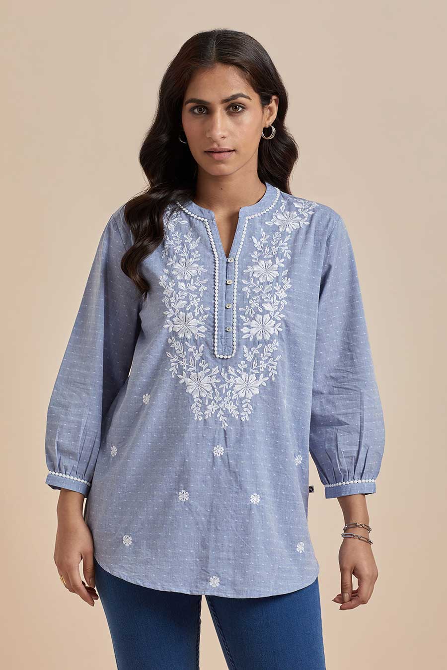Blue Cotton Embroidered Top