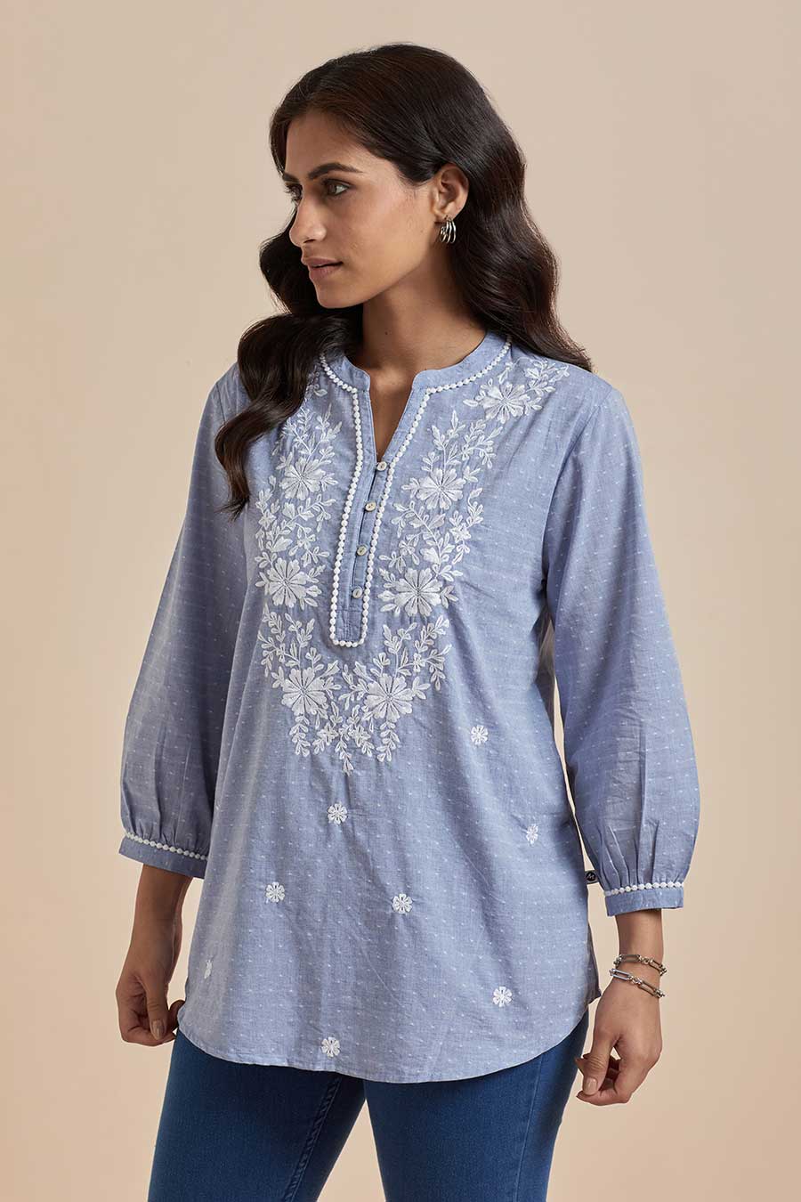Blue Cotton Embroidered Top
