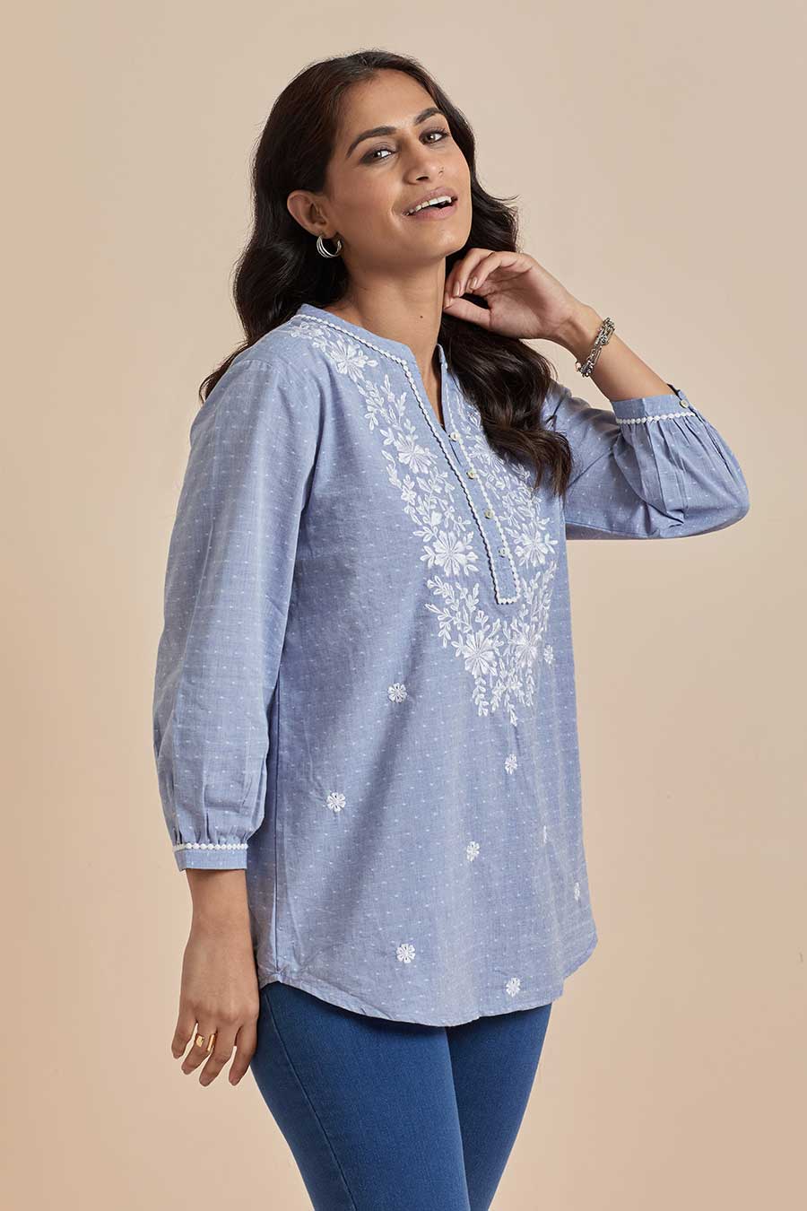 Blue Cotton Embroidered Top
