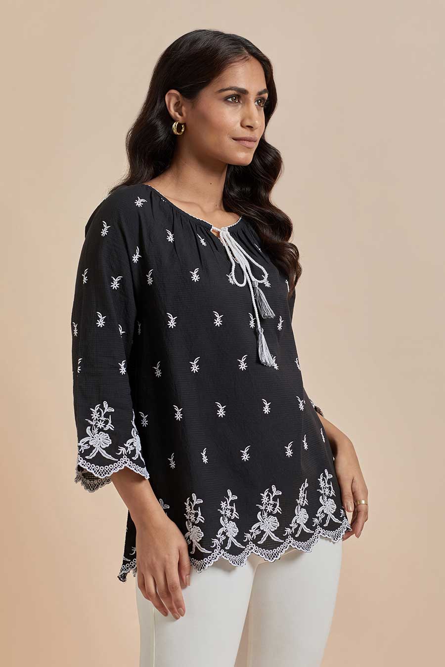 Black Cotton Embroidered Top