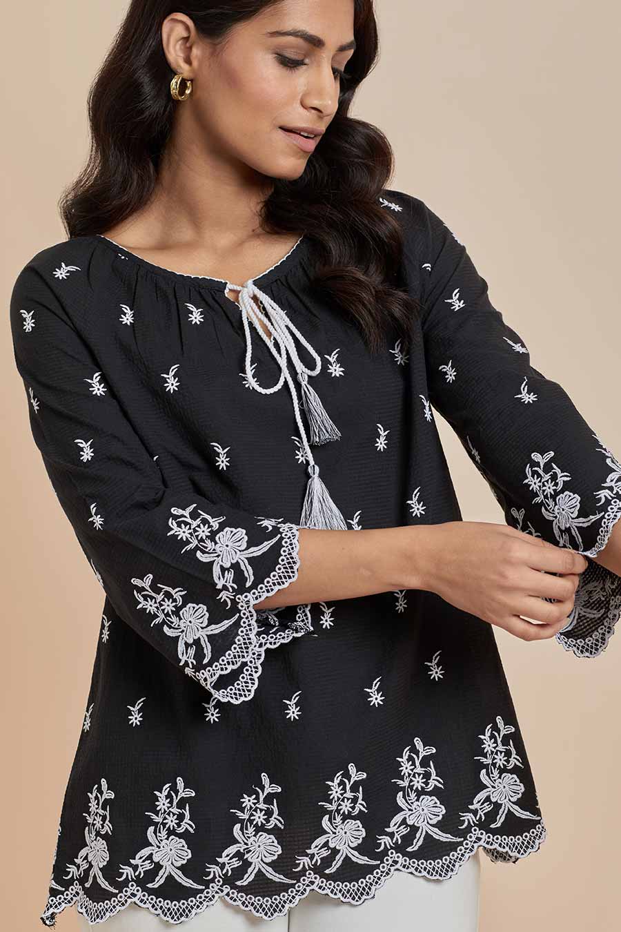 Black Cotton Embroidered Top
