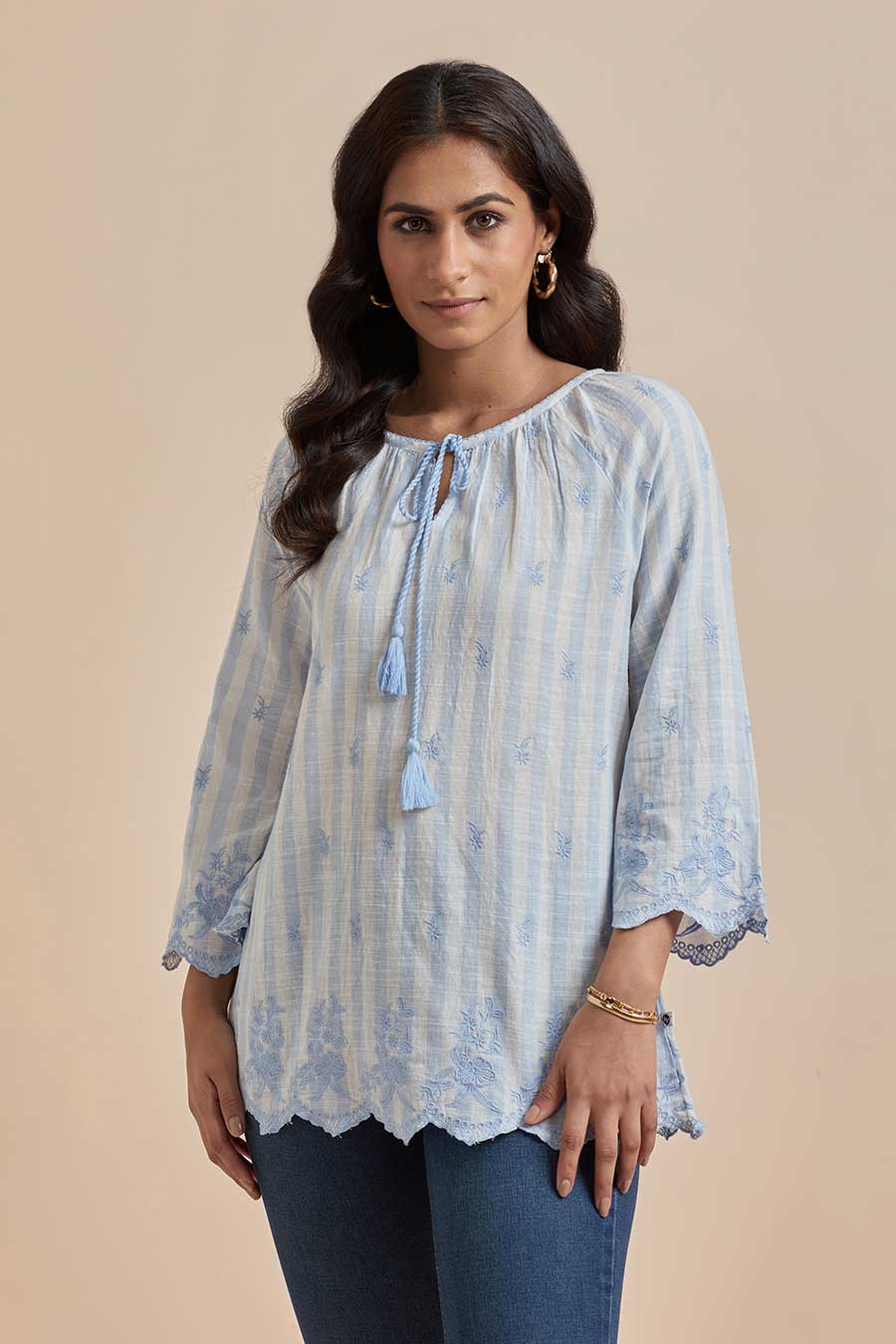 Blue Cotton Embroidered Top