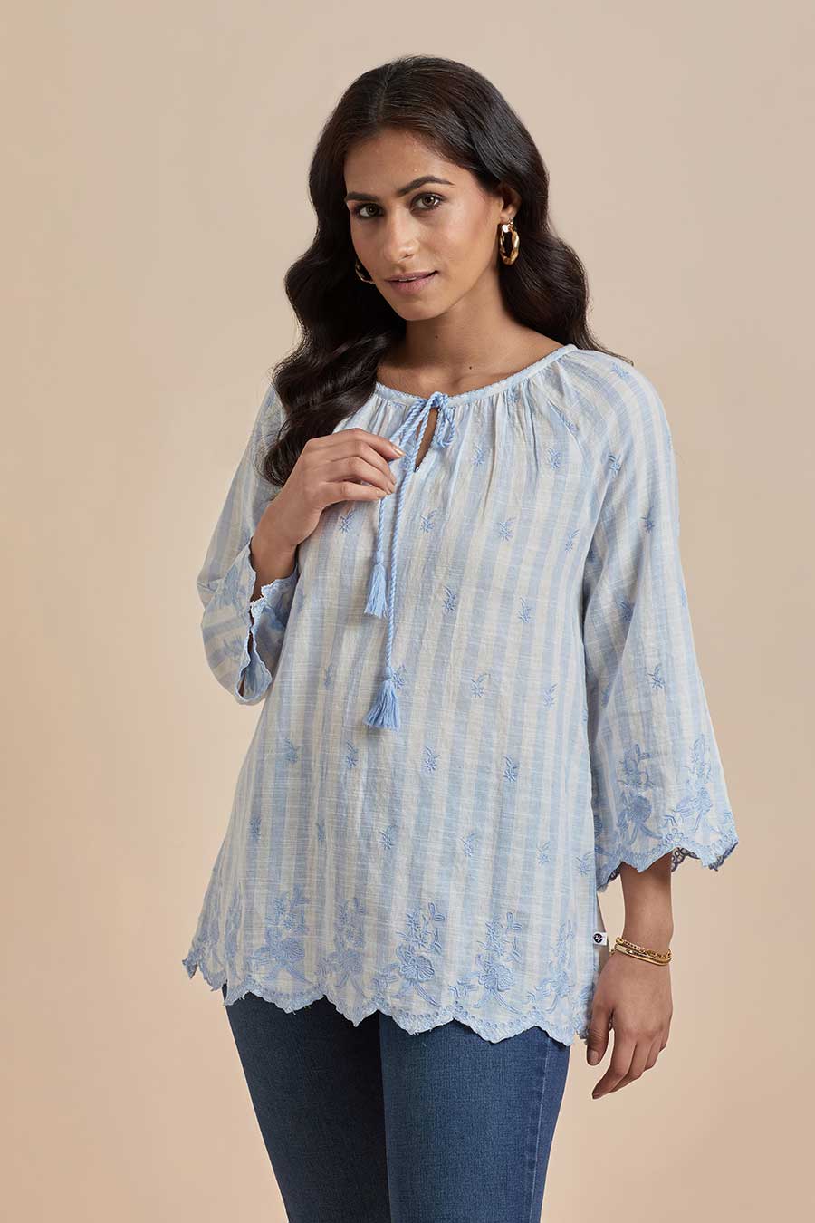 Blue Cotton Embroidered Top