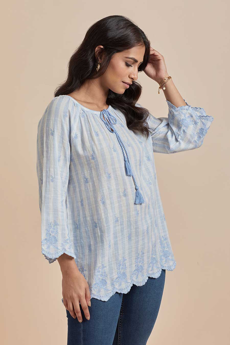Blue Cotton Embroidered Top