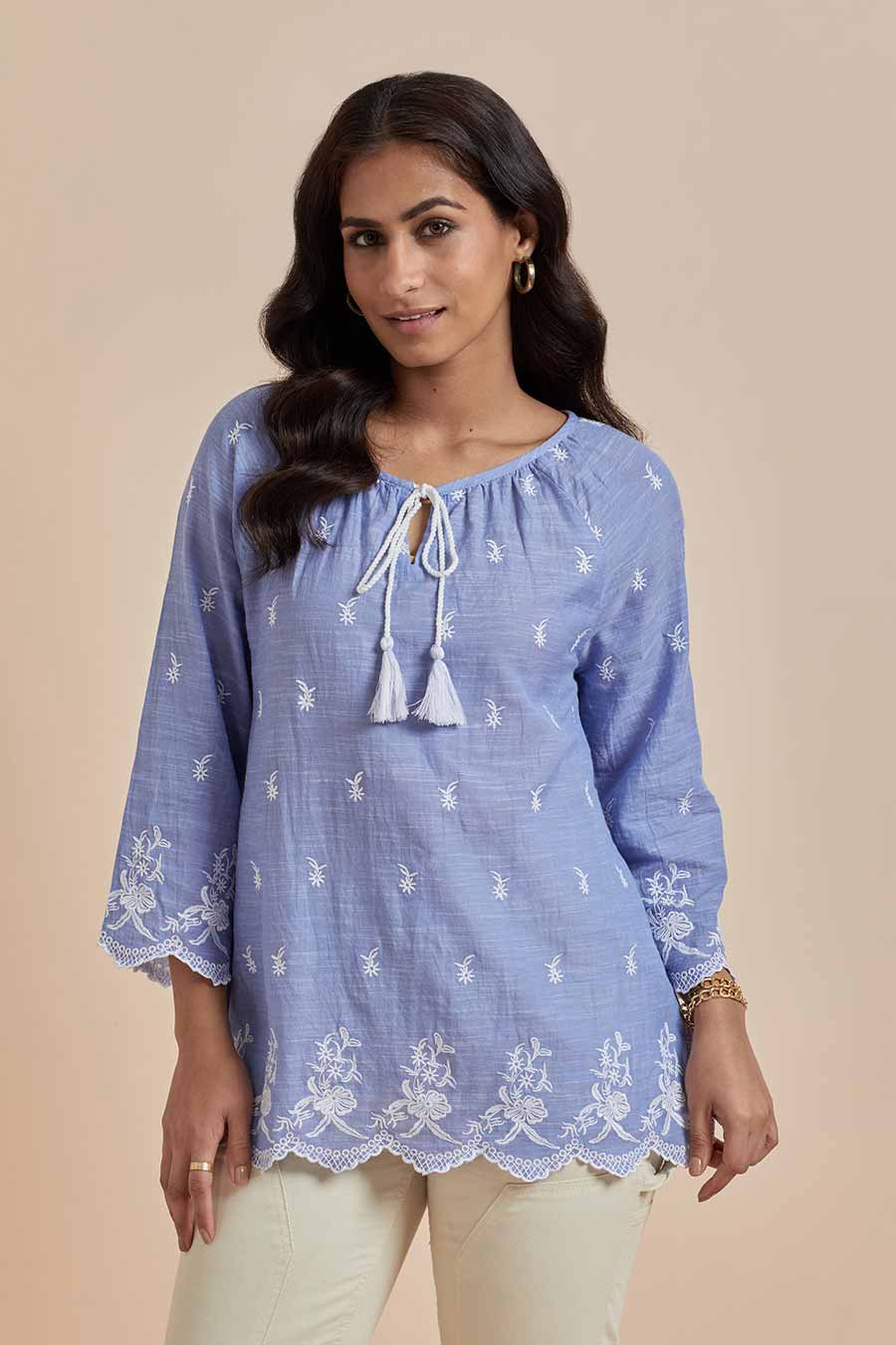 Blue Cotton Embroidered Top